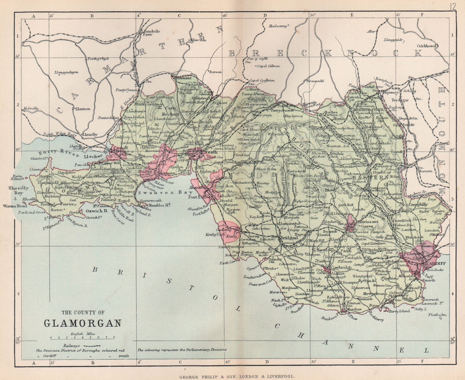 GLAMORGANSHIRE. Cardiff Swansea Neath Port Talbot. Wales. BARTHOLOMEW 1896 map